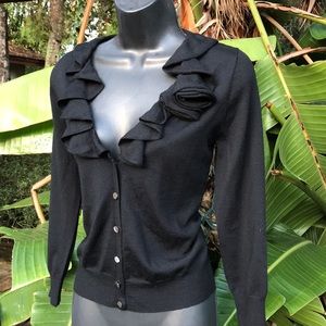 J crew wool  ruffled cardigan with rosette